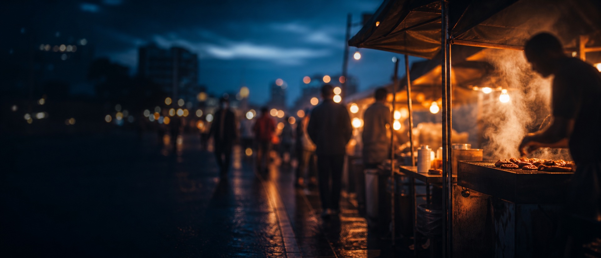 Atmospheric editorial image of a food street at dusk