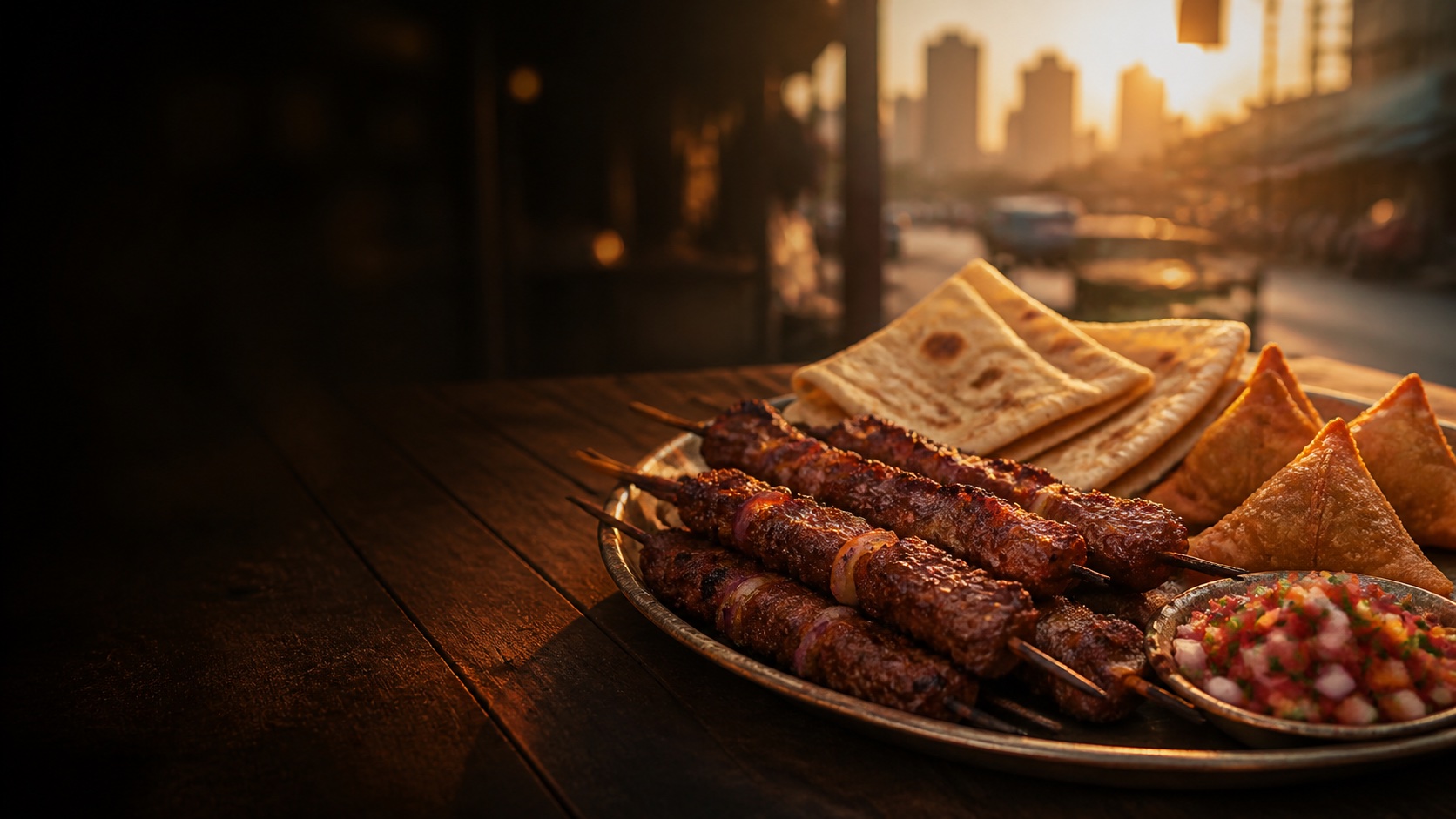 Editorial image of a Kenyan shared food plate at golden hour